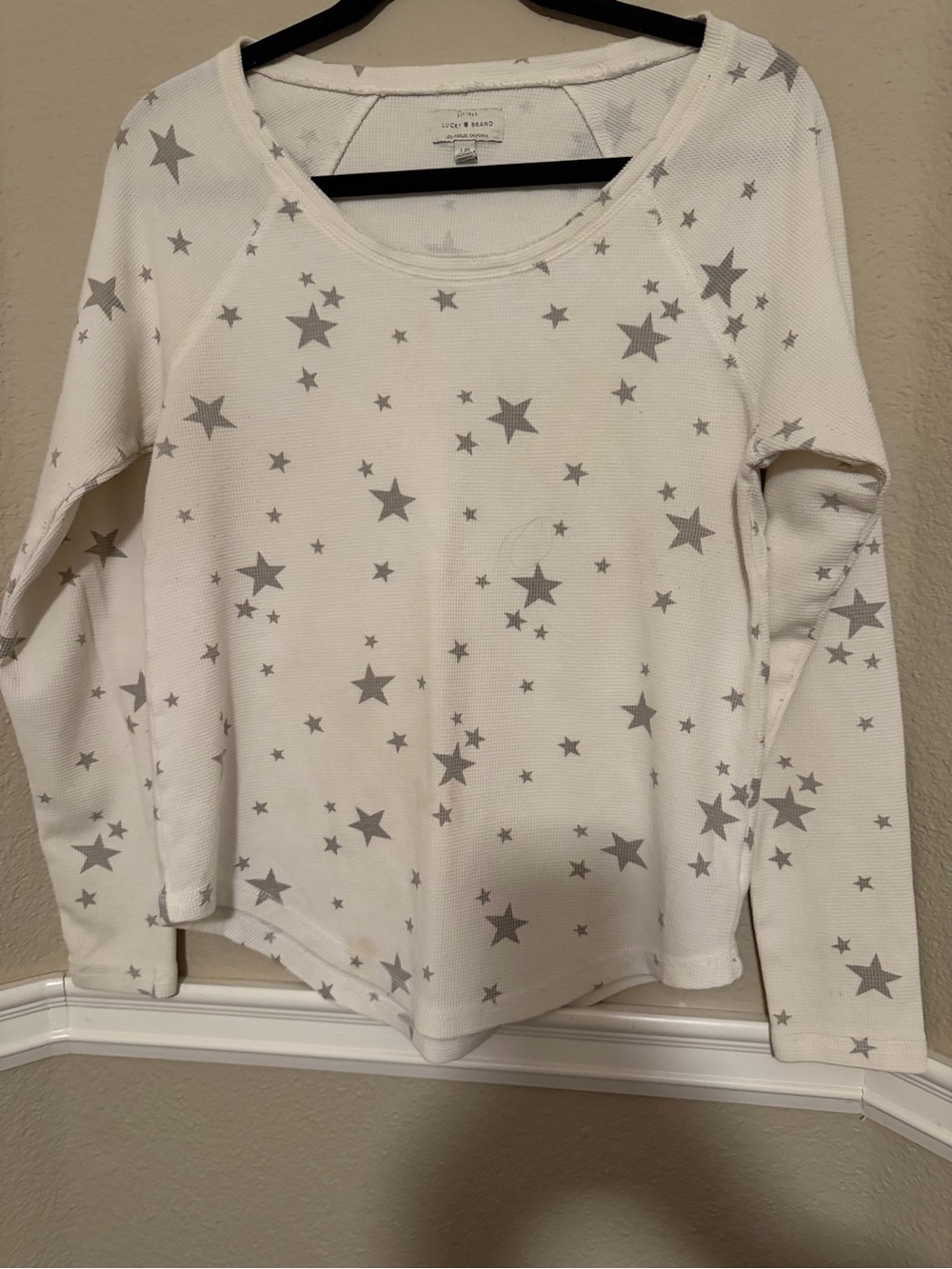 Lucky Brand White Waffle Knit Top with Gray Star Detail